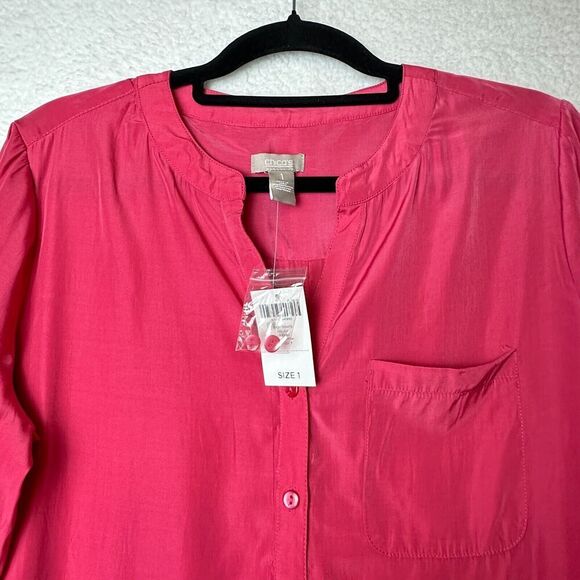 2/$30 Chicos Pink Button Up Tunic Top Size M Roll Tab Office Classic Barbiecore - Picture 7 of 9